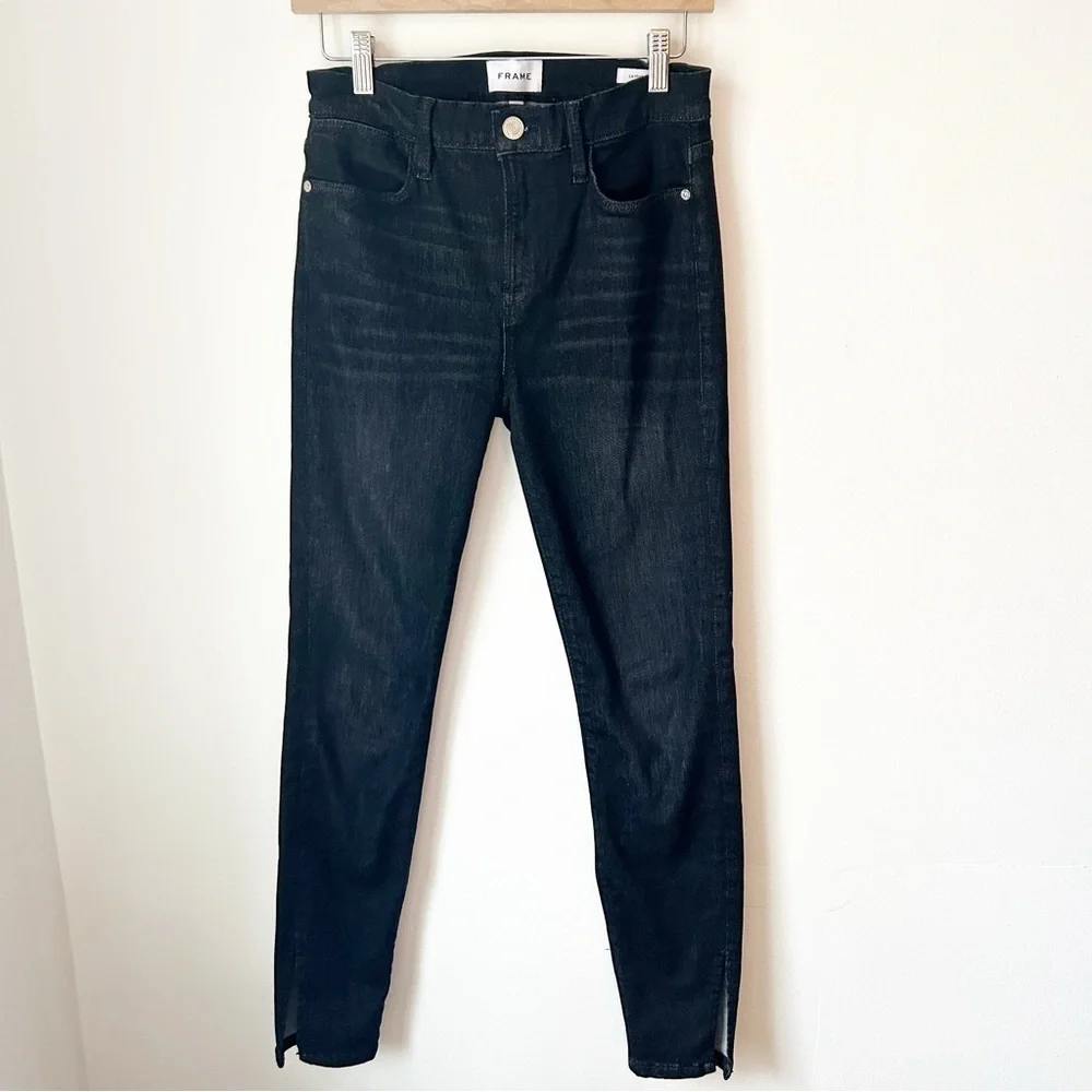 Frame Le High Skinny Jeans Split Hem Black Corvo Stretch - Size 27 - Picture 4 of 11